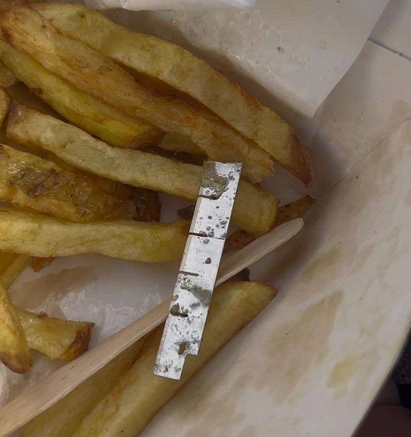 Leo, 12, discovered the ‘razor-like’ object after about five minutes of tucking into his chips. Picture: Ingrid Beeforth