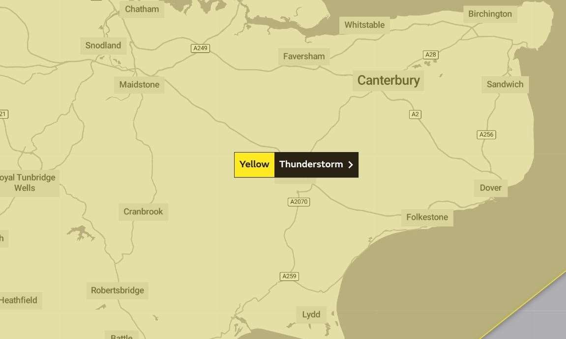 The Met Office issued a yellow weather warning in Kent for Sunday. Picture: Met Office