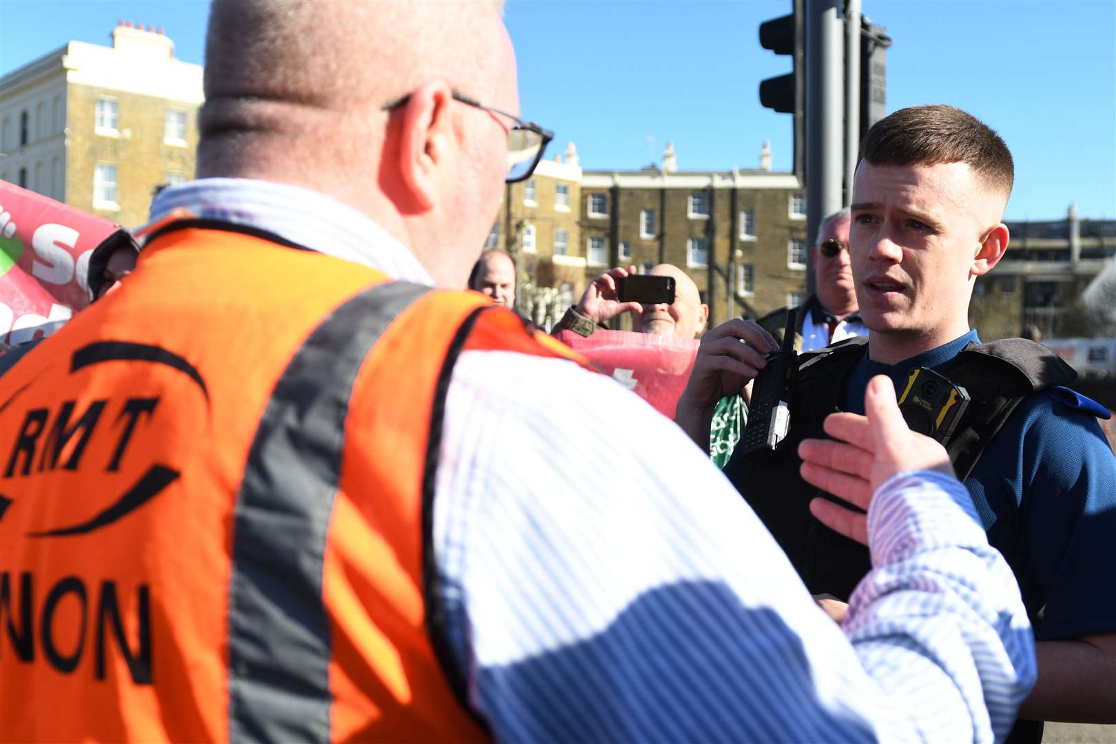 Members of the RMT protest in Dover by blocking the main road heading towards the port. Picture: Barry Goodwin