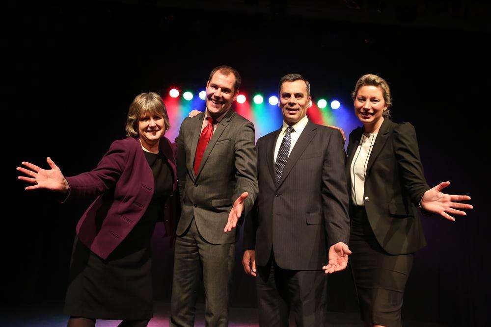 Maidstone council's Alison Broom takes to the stage at the Hazlitt Theatre with Andrew Holt, Gary Roden and Joanne Martin from Parkwood Theatres to unveil its new look