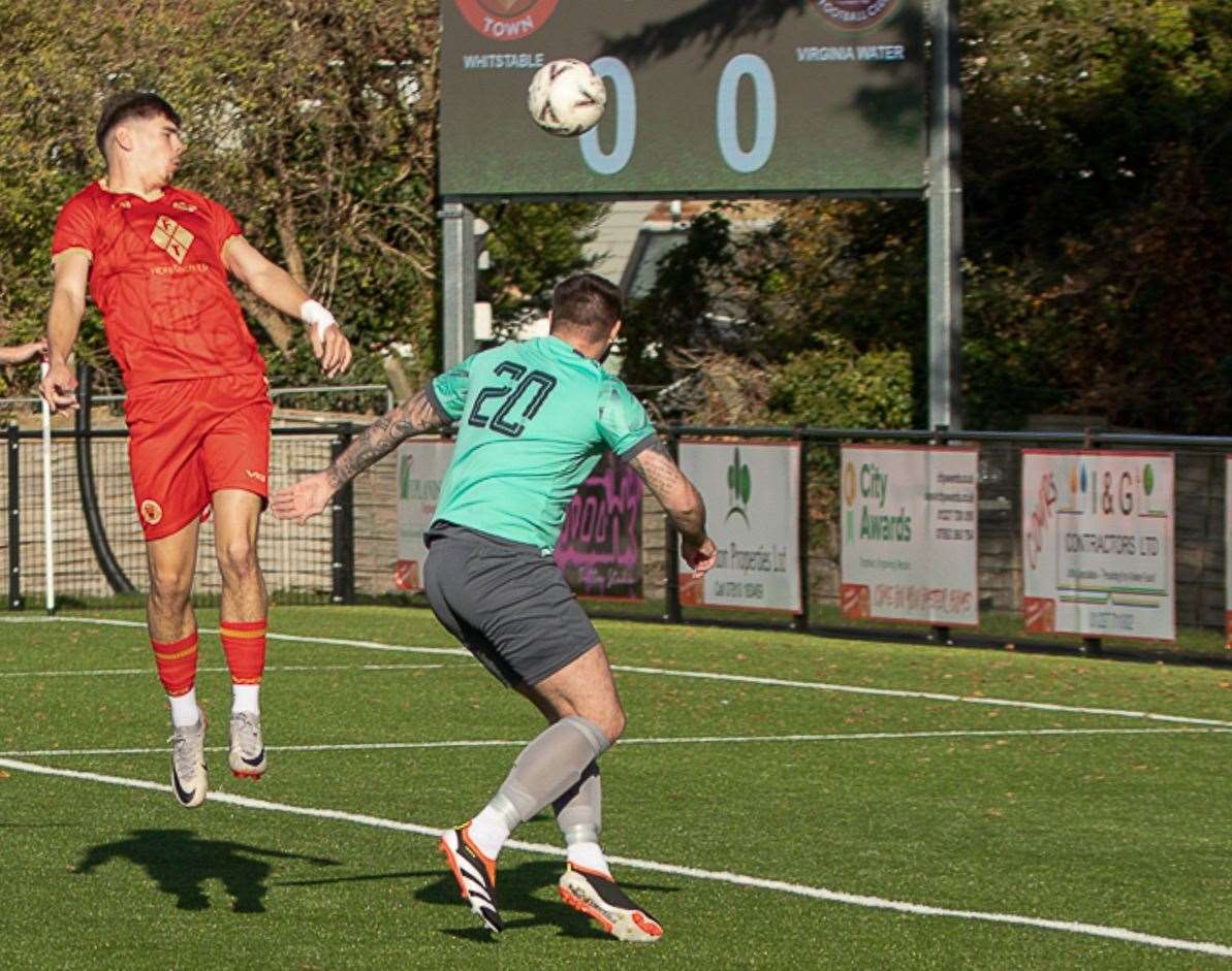 Harvey Smith heads towards goal for Whitstable. Picture: Les Biggs