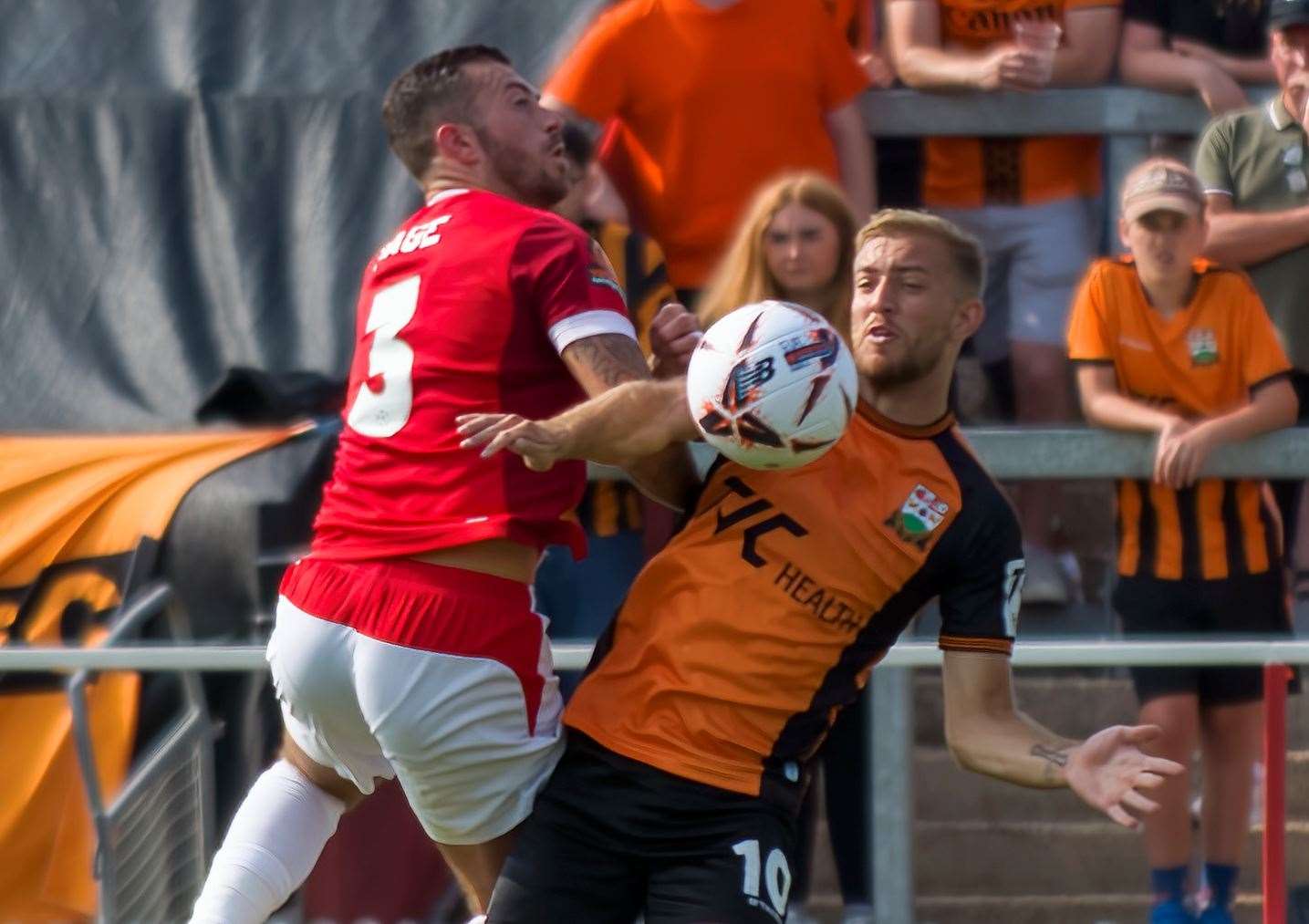 Ebbsfleet defender Lewis Page up against Barnet’s two-goal matchwinner Callum Stead during the Fleet’s 2-1 home defeat last weekend. Picture: Ed Miller/EUFC