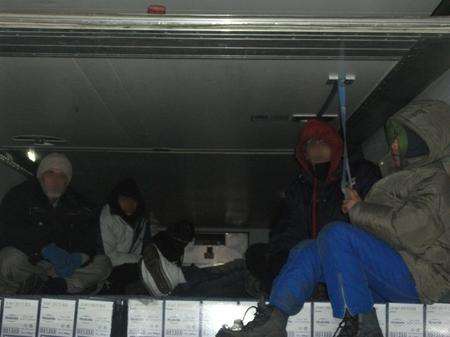 Stowaways found in a refridgerated lorry at Dunkerque, France.