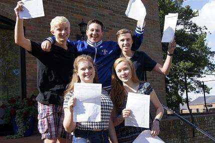 Lloyd Roberts, Louis Beneventi, Connor Knapp (back row), and Mary Hunter, Sarah Young (front row), celebrate exam success at Bethany School.