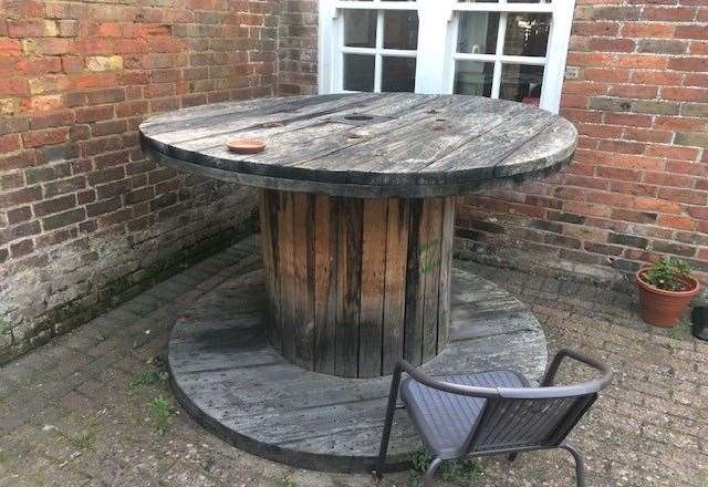 I spotted this table fashioned from a massive old cable reel the last time I was in, maybe the largest example I’ve seen