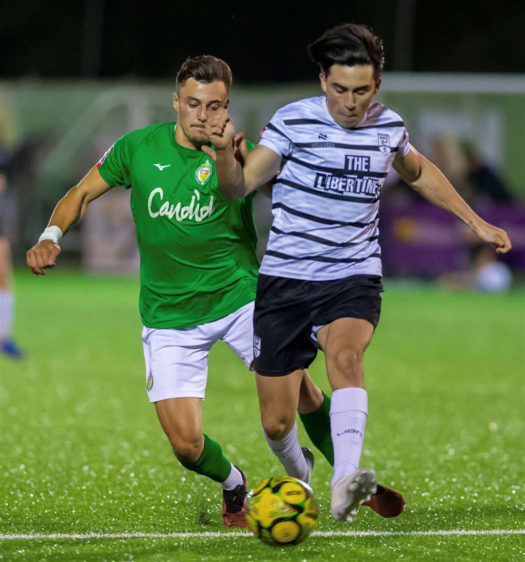 Margate defender Harrison Hatfull in possession at Ashford. Picture: Ian Scammell