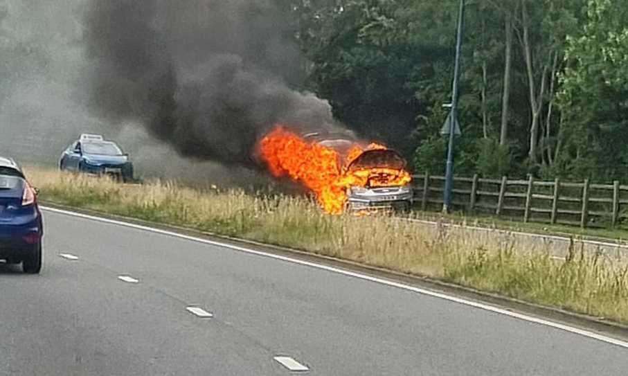 A car was seen engulfed in flames on the approach to the Strand Roundabout in Gillingham