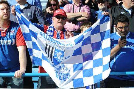 The Rainham End celebrate Gillingham's success on Saturday