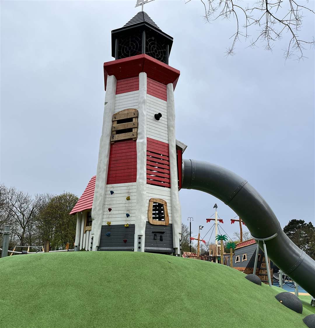 The lighthouse window has been boarded up at Buccaneer Bay in Dartford park