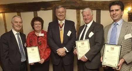 High Sheriff Tony Monteuuis, centre, with, left to right, Reg and Liz Spicer, of Tonbridge Junior FC, and Jonathan Welbon and Mike Rowbottom, of Tonbridge AC. Picture: TERRY SCOTT