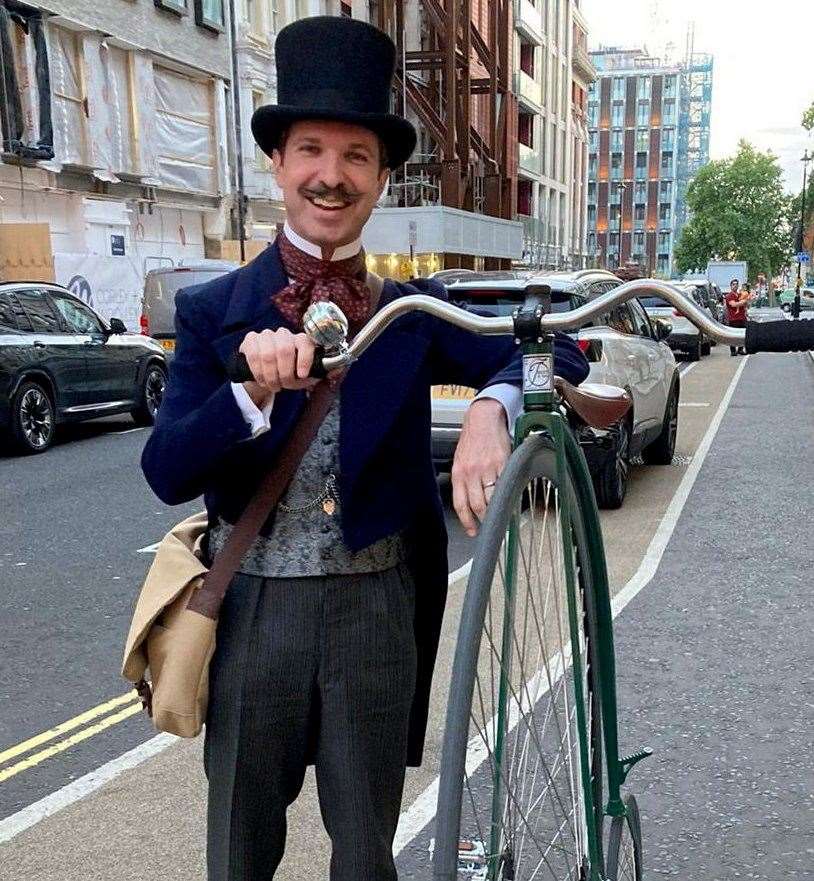 Tom Carradine has even learnt to ride a penny-farthing. Photo: SWNS/Tom Carradine