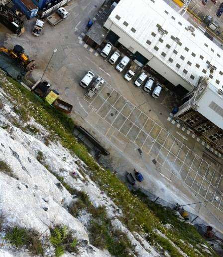 The terrifying 250ft sheer drop from the top of the white cliffs into Dover docks, a fall which Weimaraner dog Norman remarkably survived.