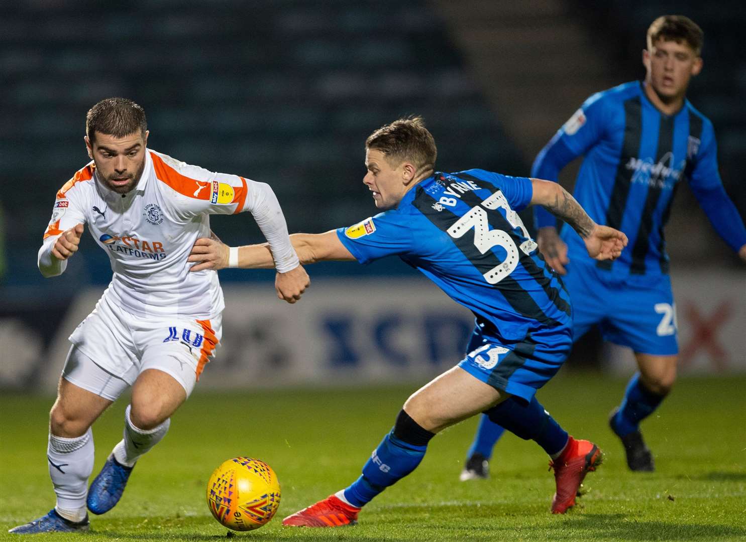 Mark Byrne and Luton's Elliott Lee battle it out on Saturday Picture: Ady Kerry