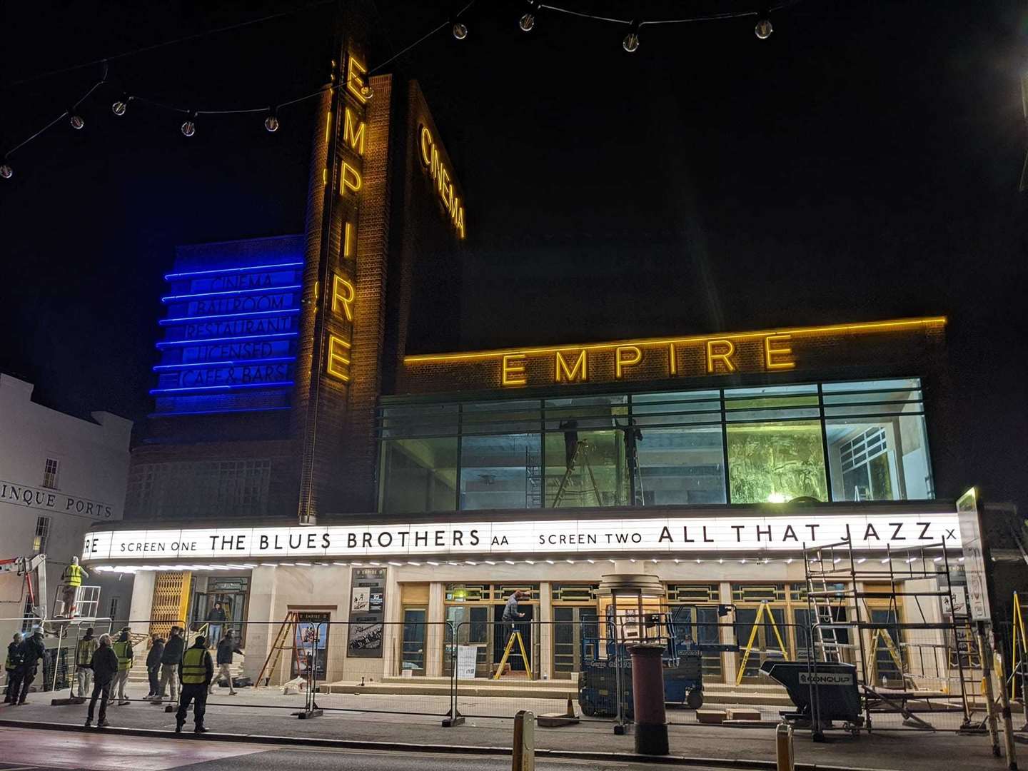 Dreamland lights up under the guise of the Empire cinema, for filming of the Empire of Light movie. Picture: Roy Foord