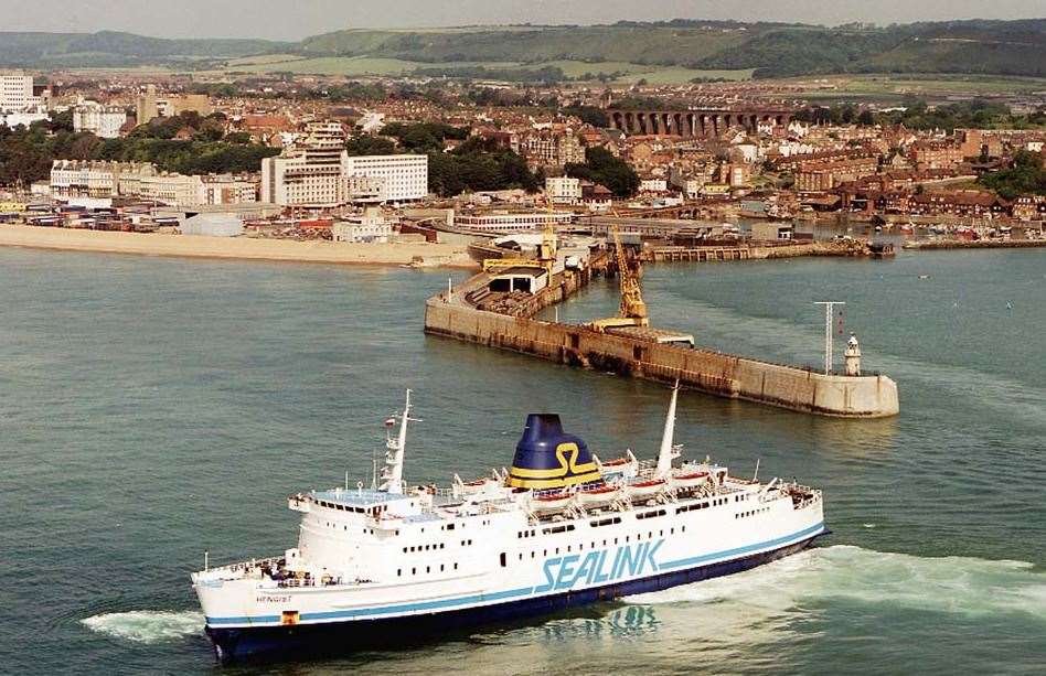 Folkestone harbour around the 1970s/80s. In the foreground is the Hengist, which ran aground in the Great Storm of 1987. Picture: Dover Strait Shipping - FotoFlite