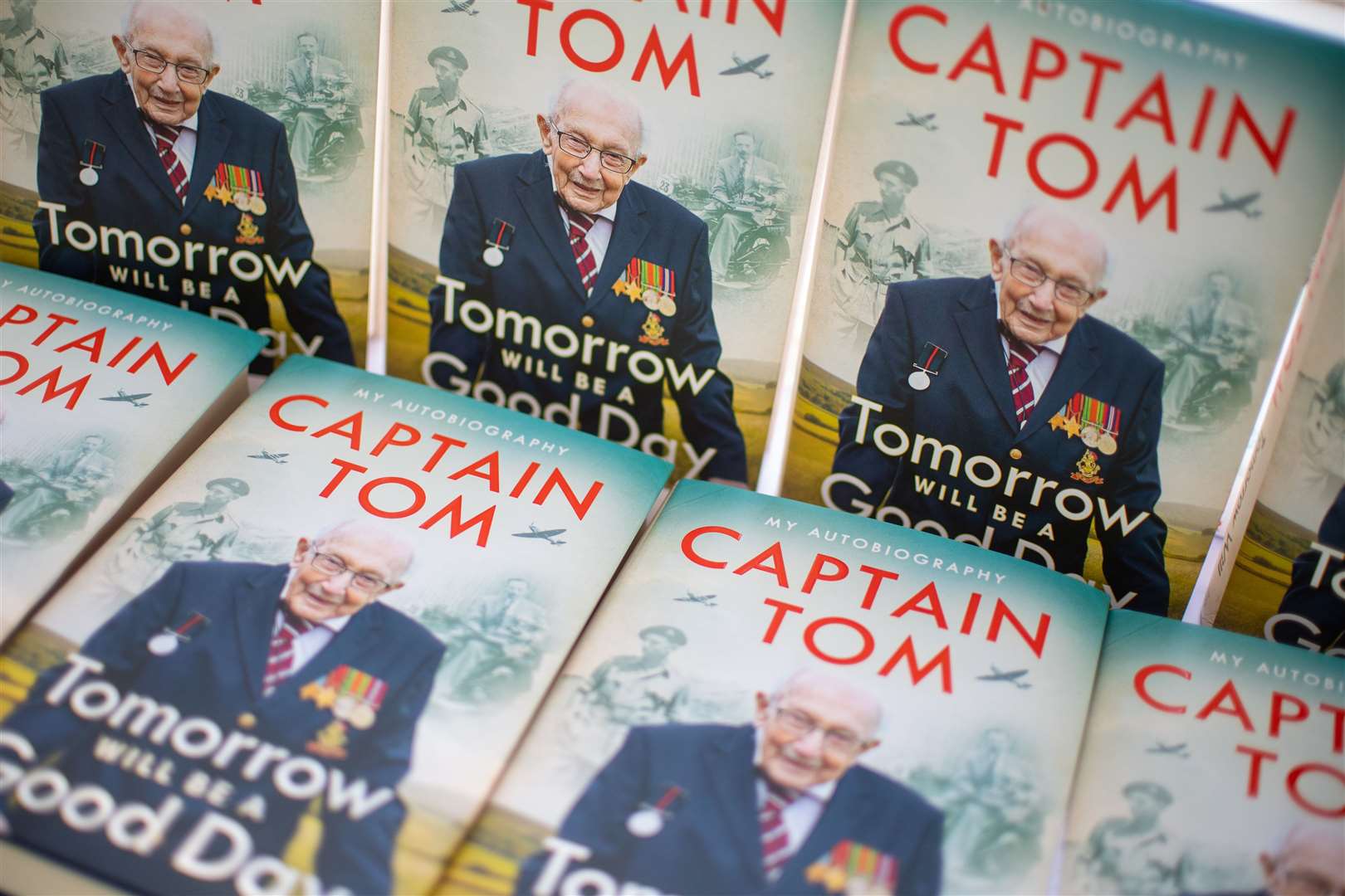 Copies of a book by Captain Sir Tom Moore at his home in Marston Moretaine (Joe Giddens/PA)