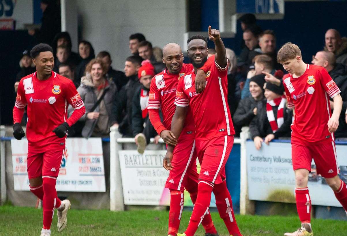 Whitstable celebrate their early goal during their 7-2 loss at Herne Bay. Picture: Les Biggs