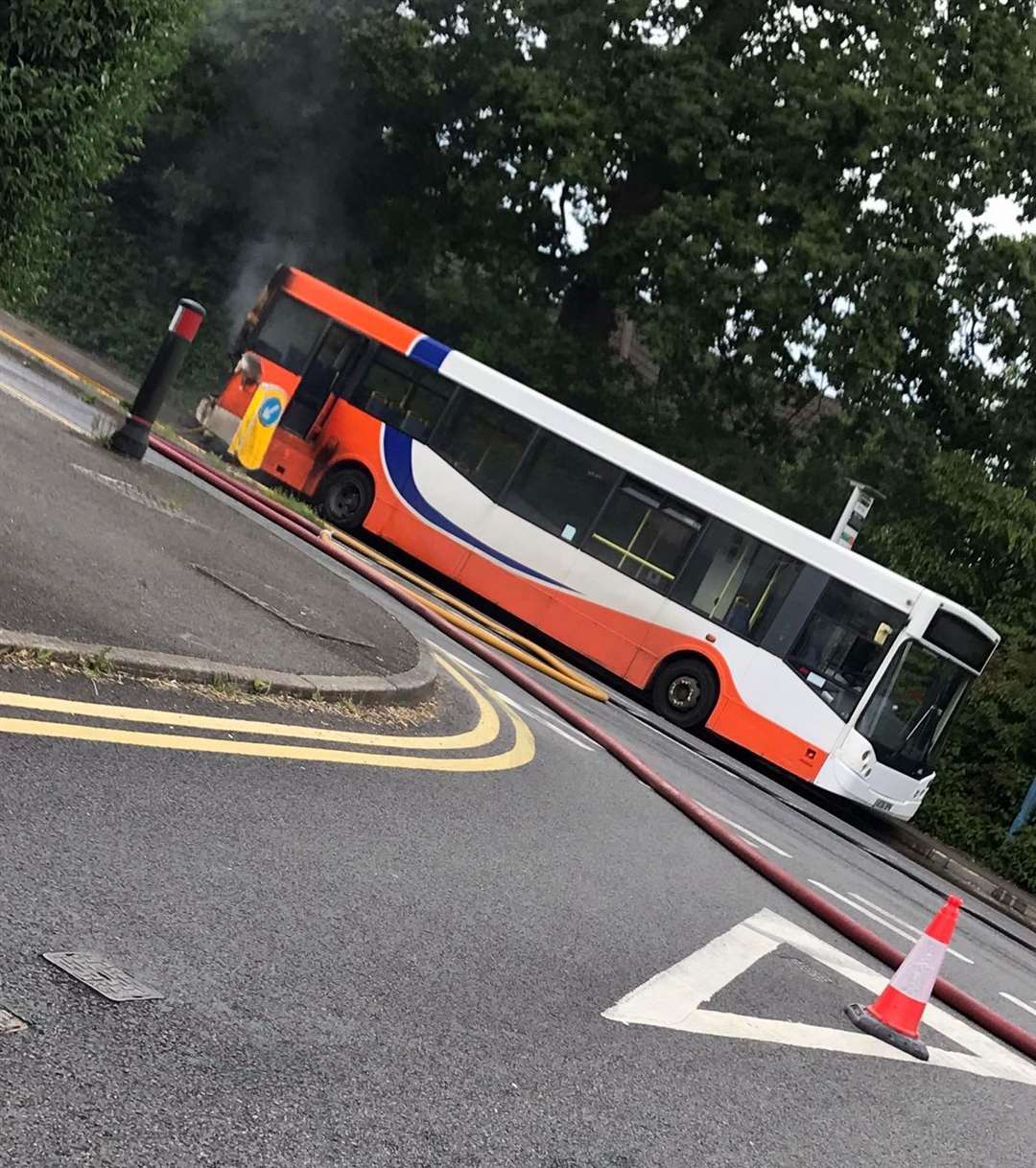 Black smoke billowing from the bus on Quarry Hill Road in Tonbridge