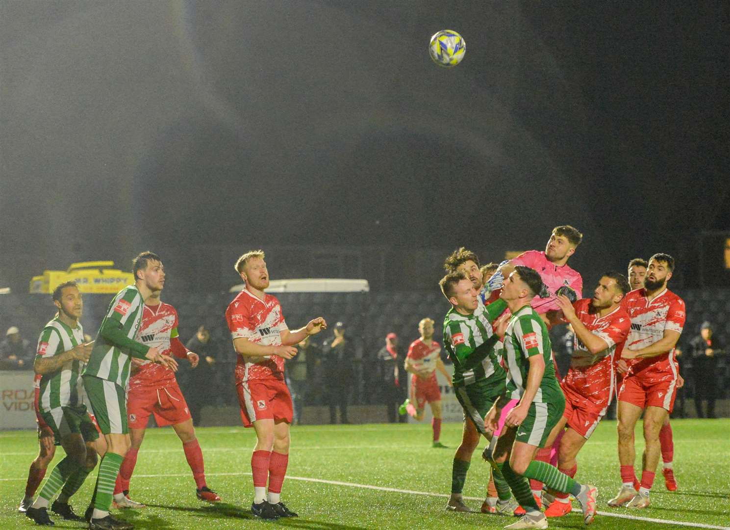 Goalkeeper Tom Hadler comes up in vain to attack a late corner as Ramsgate's play-off bid ends. Picture: Stuart Watson