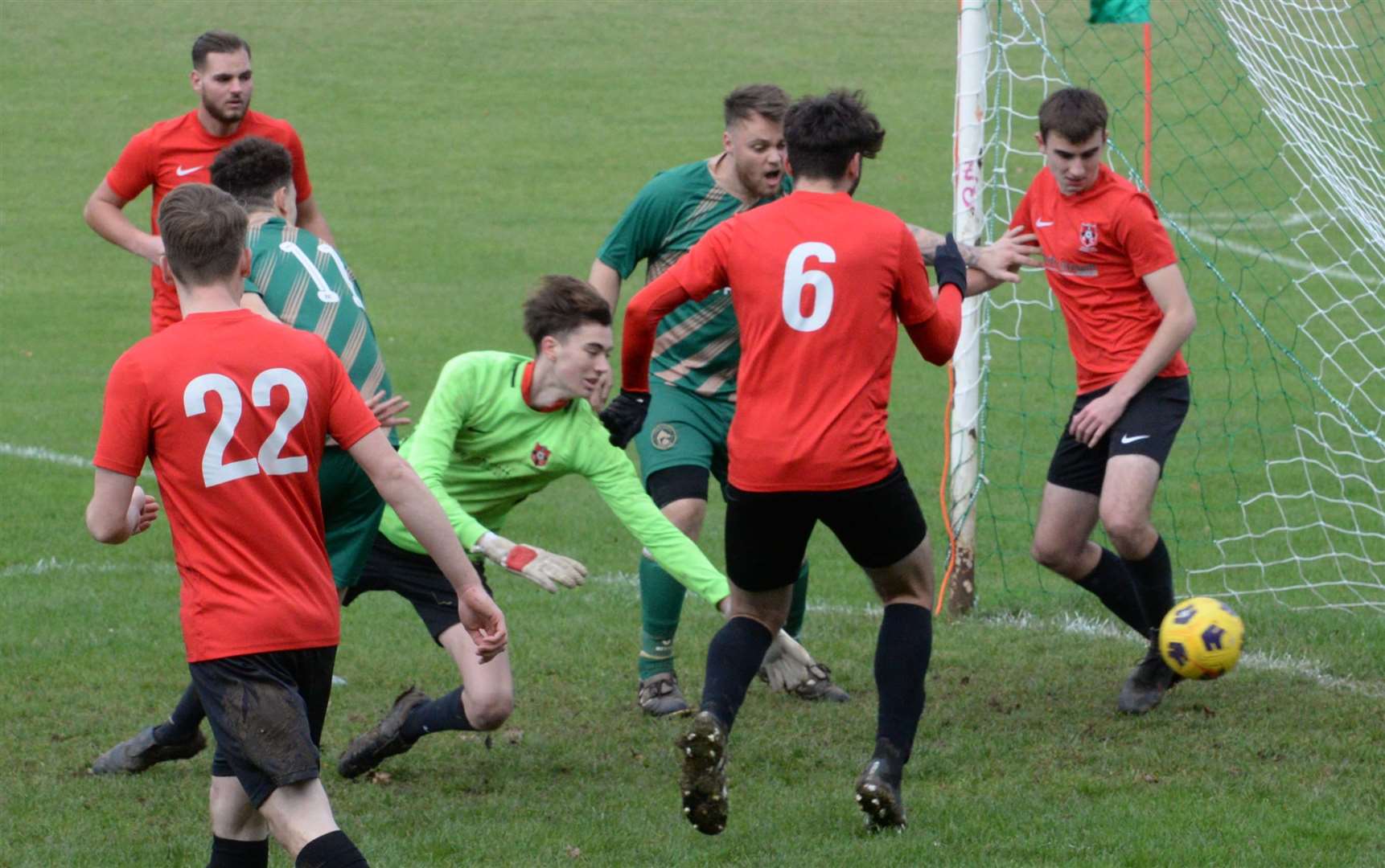 Thamesview's keeper fails to stop Tunbury Athletic's Lewis Bridges (green) from scoring on Sunday. Picture: Chris Davey (53210777)