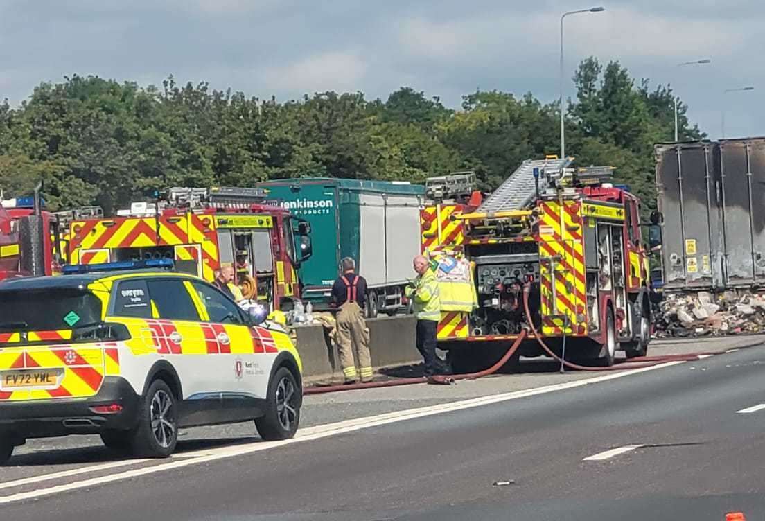 A lorry was heavily damaged by the blaze on the M20 near Blue Bell Hill and Aylesford