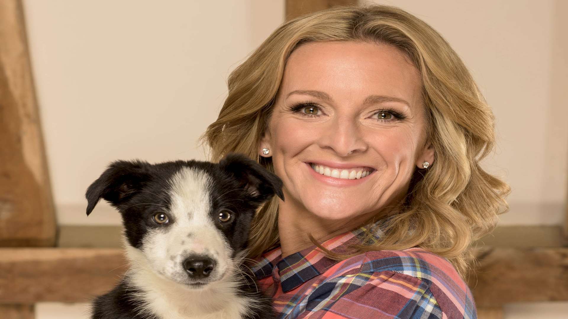 Host Gabby Logan with Sheep Dog Puppy Bruce