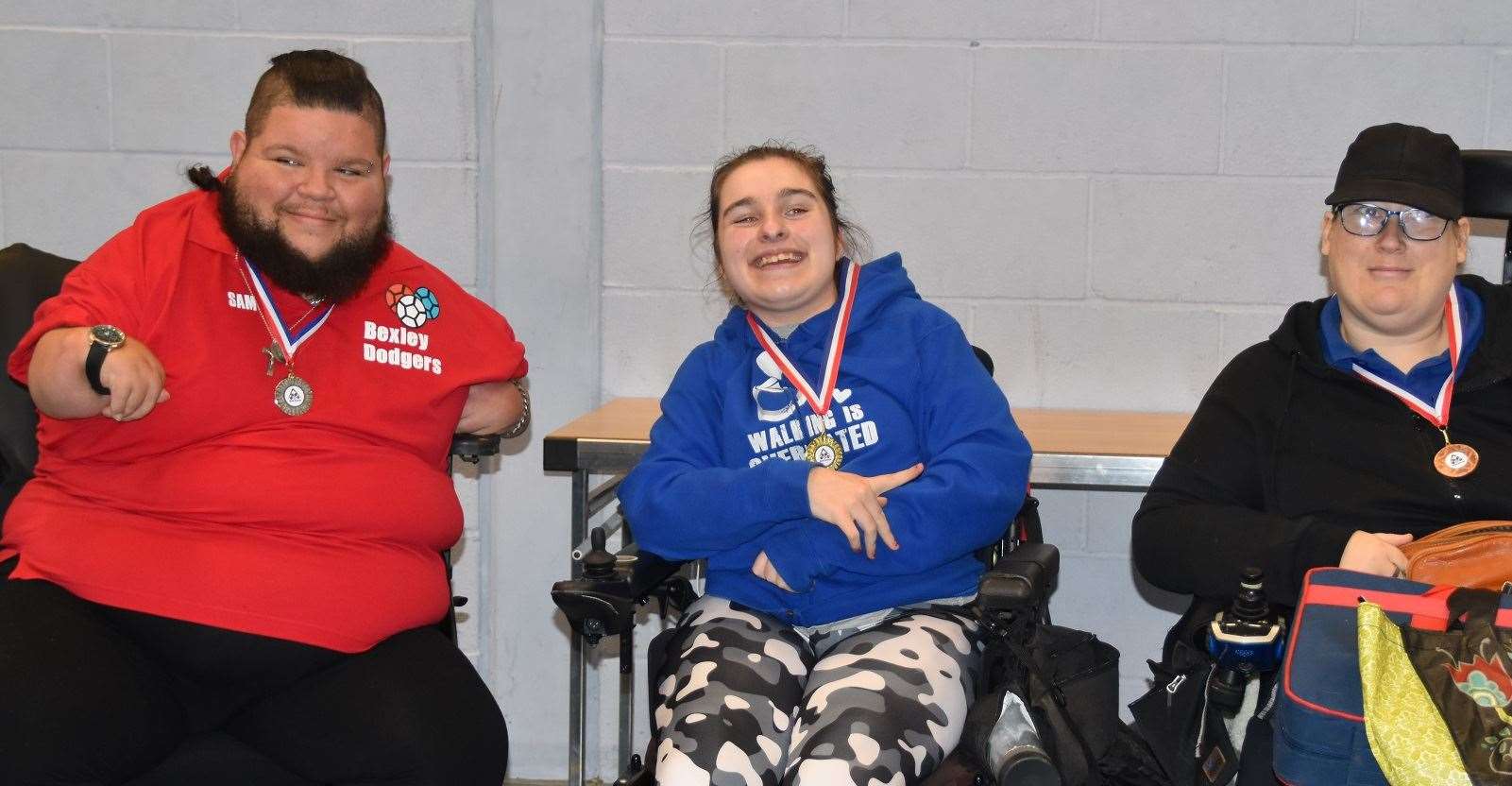 Dartford Boccia Club BC4 +BC5 winner Gabriella Rolls, with Sam Alderson of Bexley Dodgers Club who was second, and third-placed Roxanne Regan of Herne Bay Boccia Club