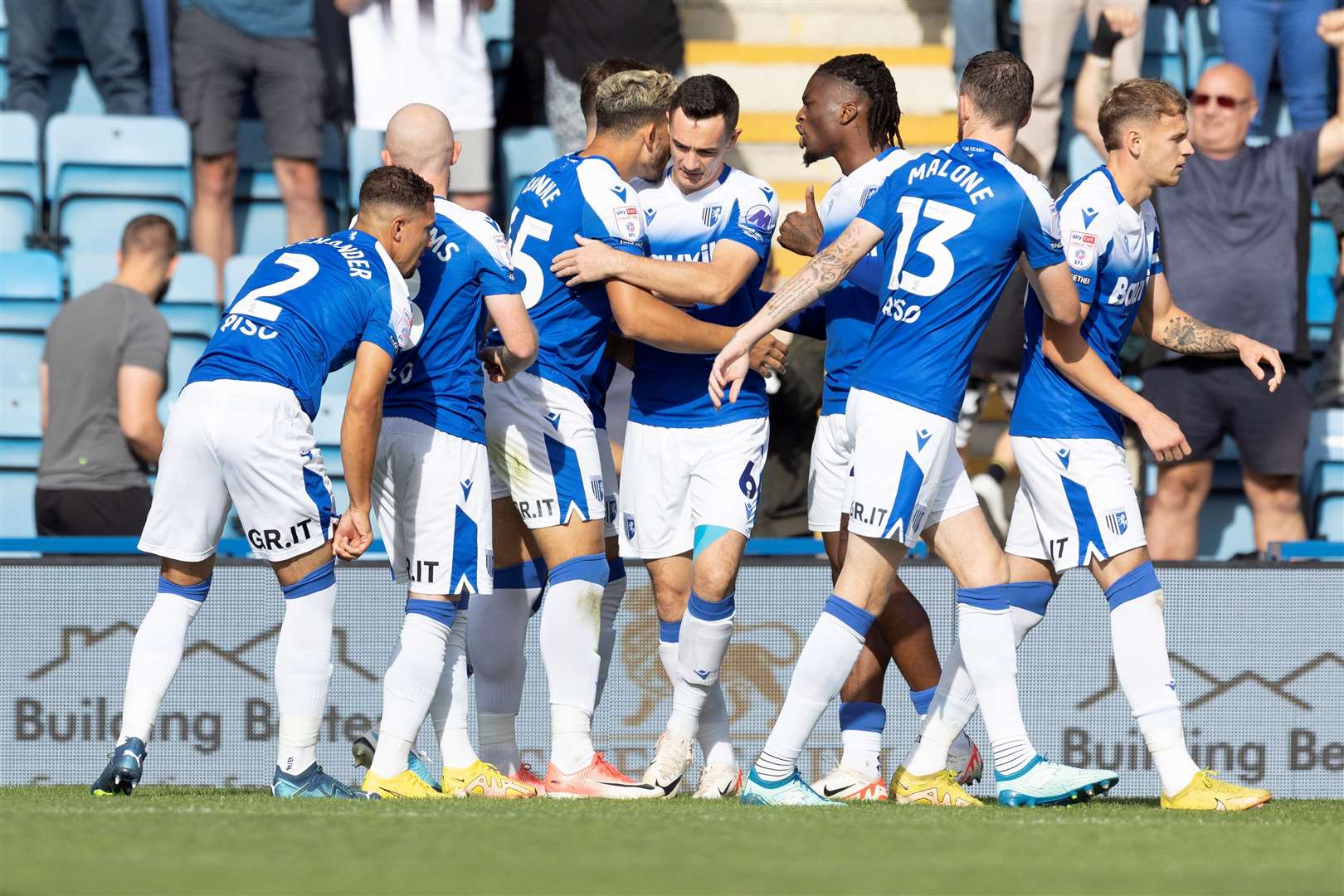 Gillingham celebrate Macauley Bonne's goal, assisted by Connor Mahoney’s cross Picture: @Julian_KPI