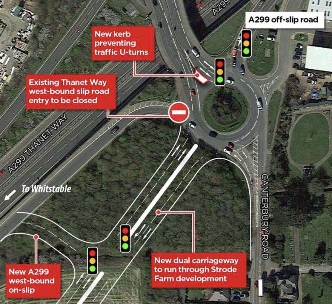 How the new Thanet Way access will be configured at the Canterbury Road roundabout at the Strode Farm development in Herne