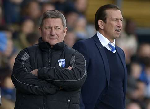 Gillingham's David Kerslake with boss Justin Edinburgh Picture: Barry Goodwin