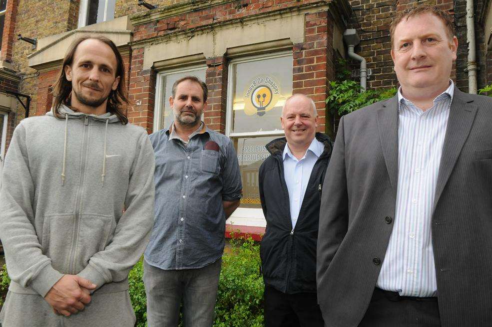 From left: Jimmy Beching, Helped with the refurbishment. Matt Brown, Helped with the refurbishment and created the furniture. Paul West, member of the board for Innov8 on Sheppey. Andrew Deeley, founder.