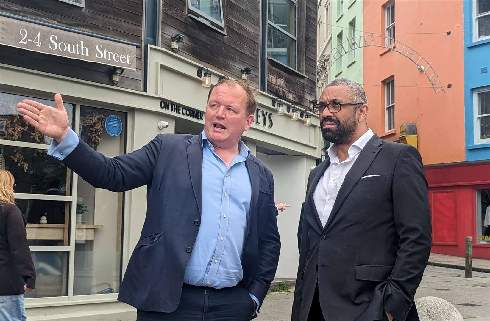 Damian Collins, left, explaining to James Cleverly the regeneration of Folkestone’s harbour area