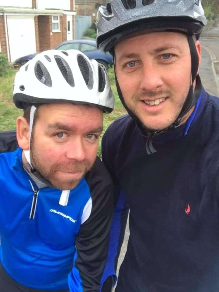 On their bike: Pals Stewart Brown and Scott Jackson are ready for the challenge in May. (Pictures taken on a bike ride before lockdown)