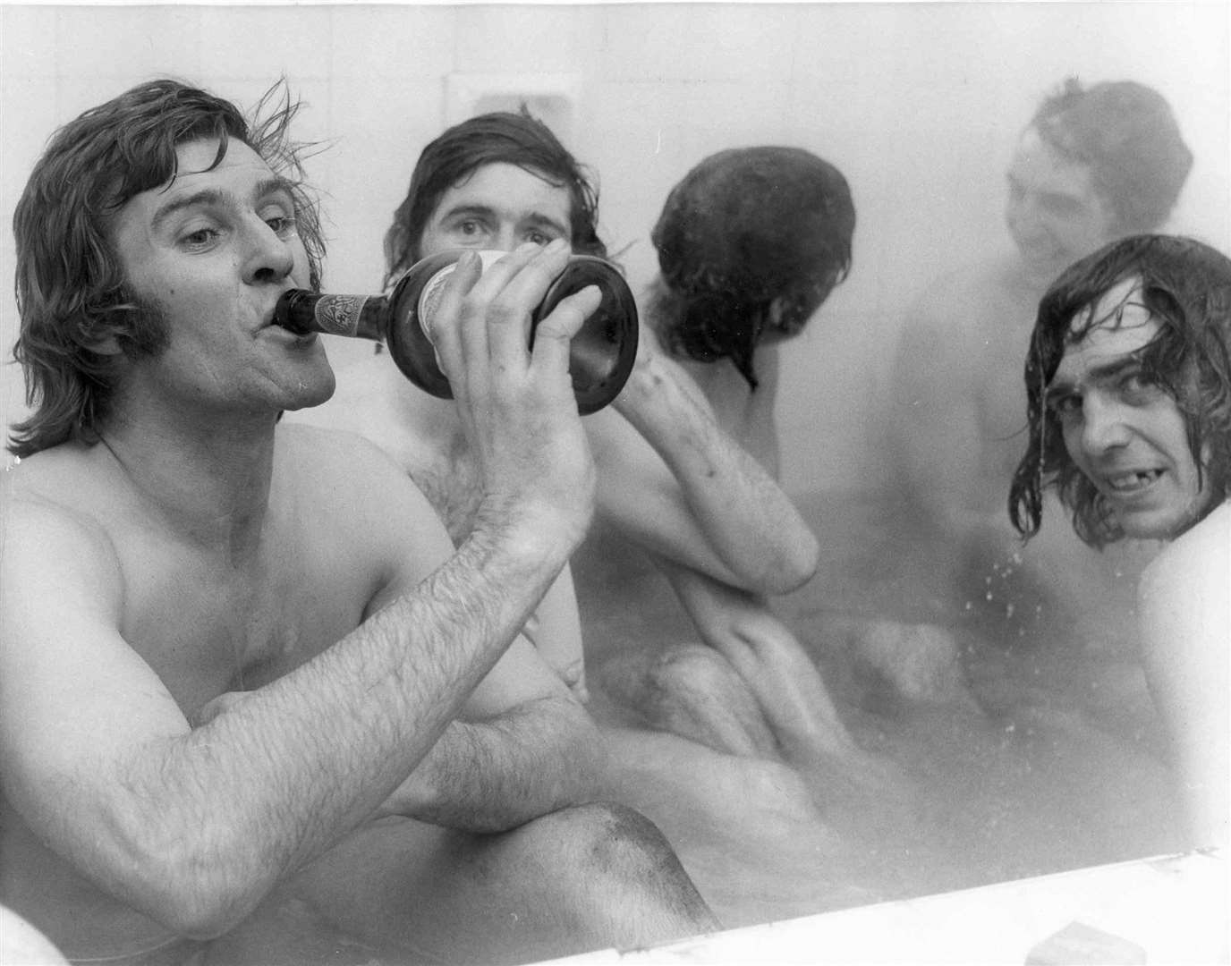 Goalkeeper John Simpson celebrates with his Maidstone teammates in 1972 after they reached the last 32 in the FA Challenge Trophy by beating manager Ernie Morgan's old club Dartford by the only goal of the match