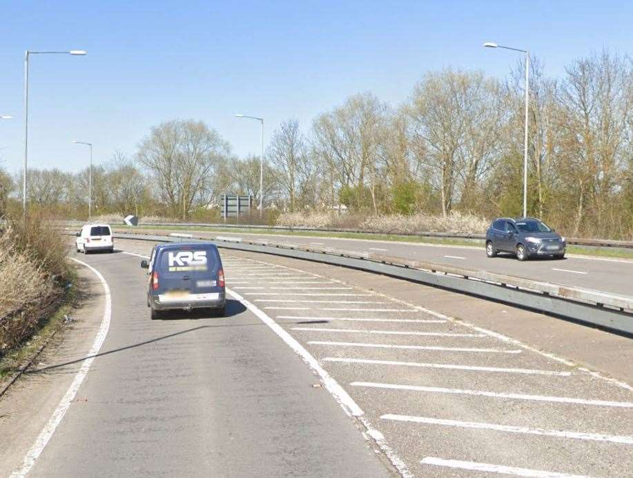 A white Ford panel van was driving down the eastbound-one-way sliproad onto the A2070 Bad Munstereifel Road from the Park Farm roundabout in Ashford when it crashed into a blue Ford Focus car travelling in the wrong direction. Picture: Google