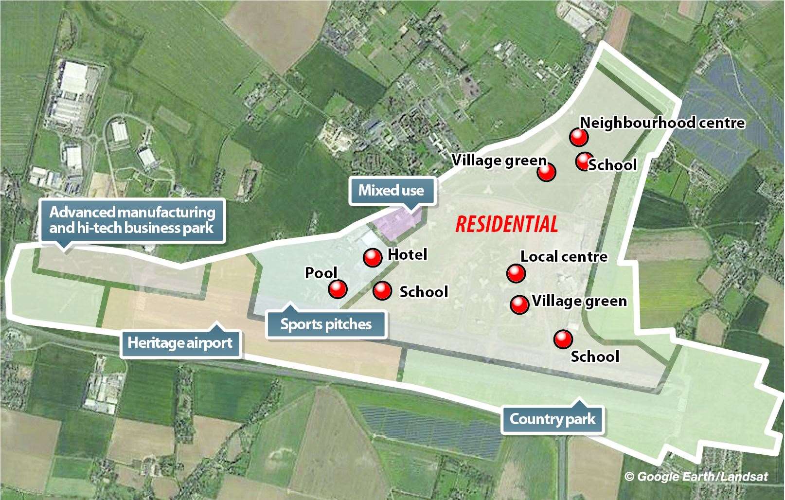 Stone Hill, the owners of the airport, want to build a mixed use development with homes, businesses, schools and doctors surgeries