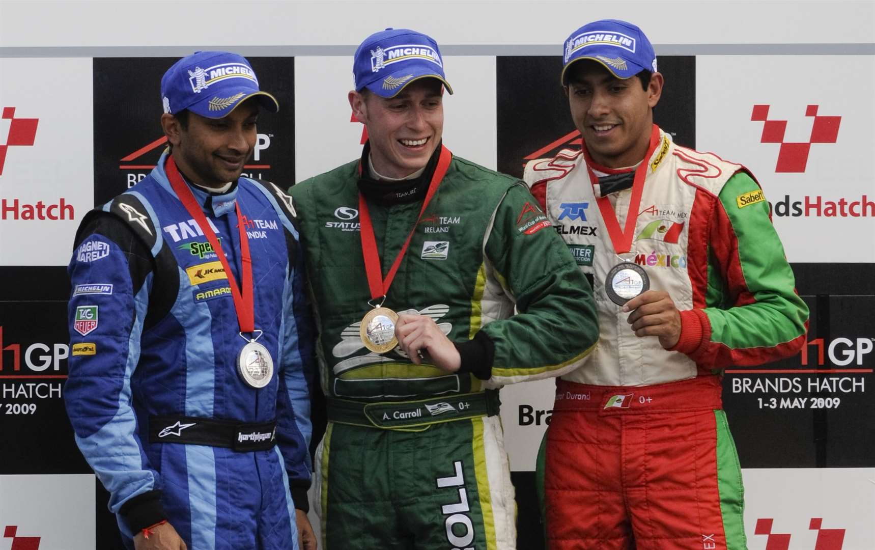 The sprint race podium in May 2009 - Narain Karthikeyan, winner Adam Carroll and Salvador Duran. Picture: Andy Payton