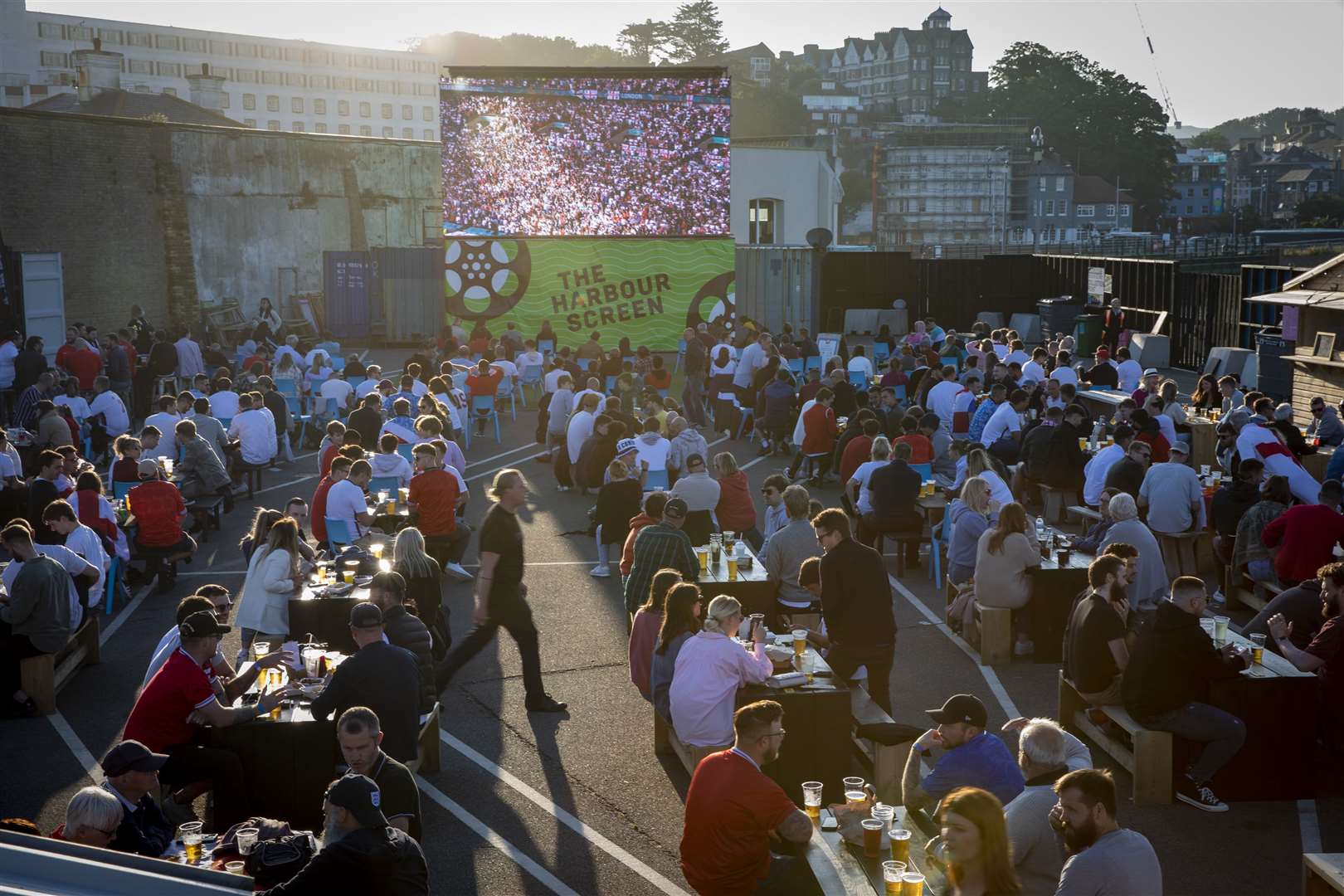 Fans watching the semi final between England and Denmark at the Folkestone Harbour Arm. Photo: Andy Aitchison/Folkestone Harbour Arm