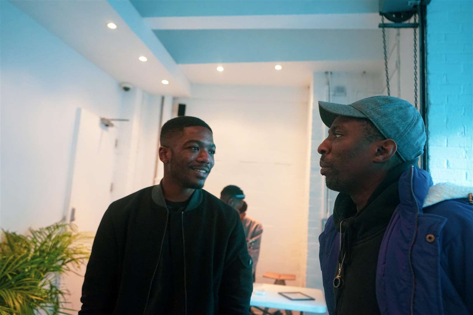 (Left) Stephen Skeete talking to Fashion Designer Walé Adeyemi (MBE). Pic Tobi Ibikunle (@tokeyy)