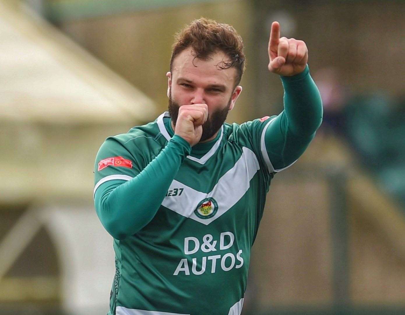 Ashford striker Gary Lockyer celebrates scoring the only goal in their 1-0 win over Lancing. Picture: Ian Scammell