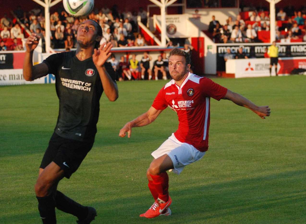 Matt Godden, the Fleet goalscorer, closes down Charlton defender Terrell Thomas Picture: Paul Jarvis