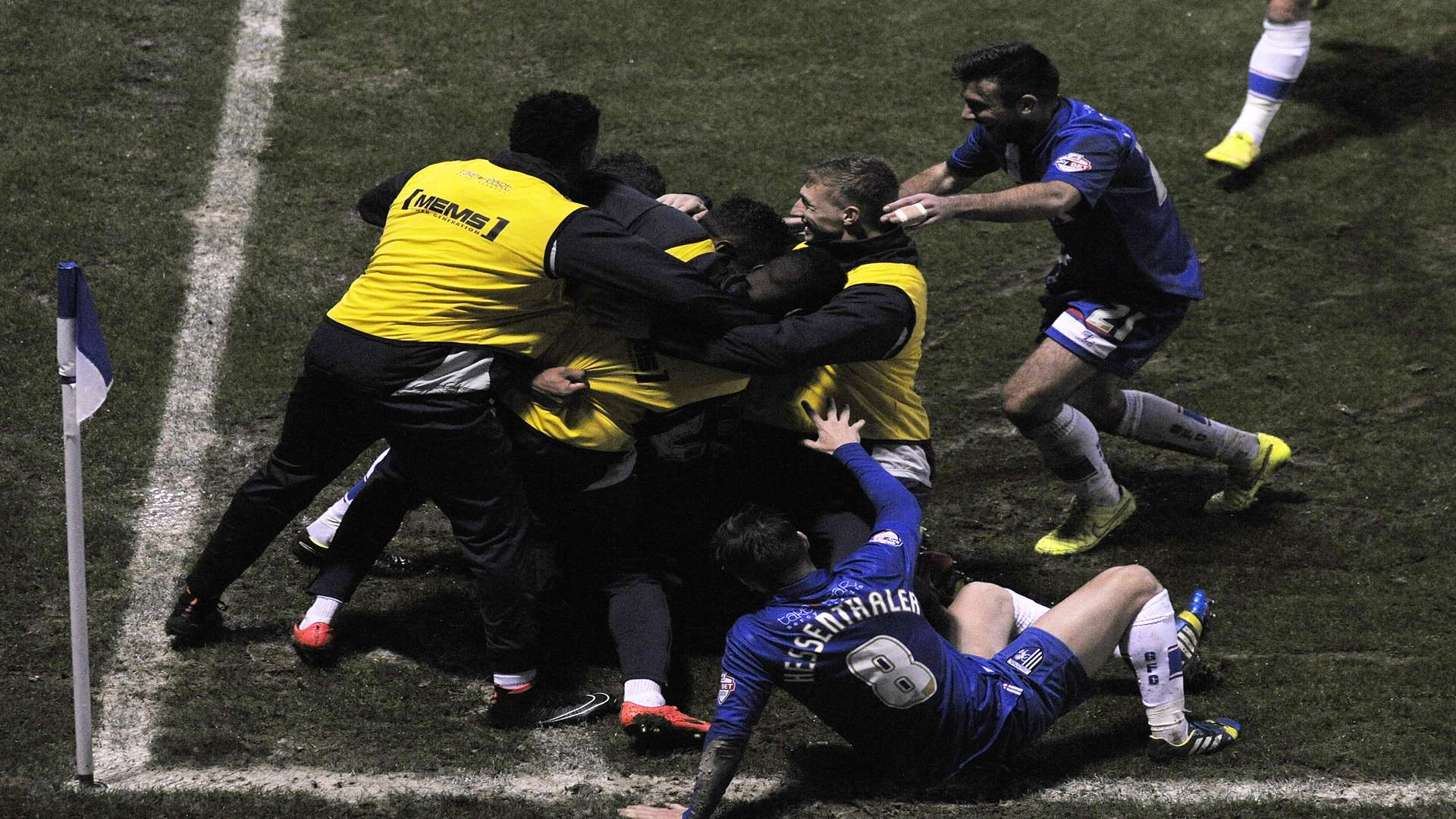 Gillingham players celebrate one of the goals in the win over Leyton Orient