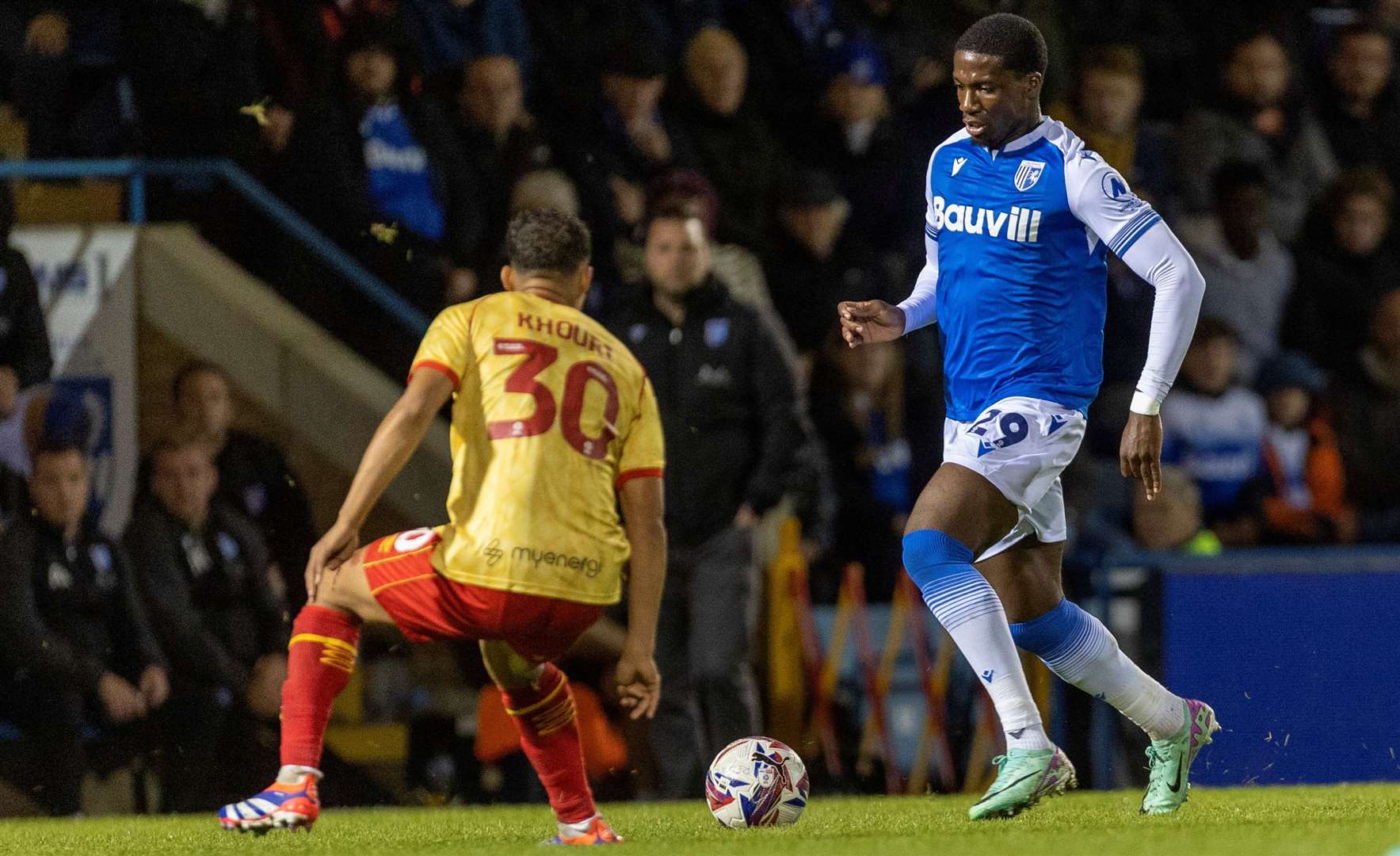 Joe Gbode in action for Gillingham against Grimsby Town Picture: @Julian_KPI