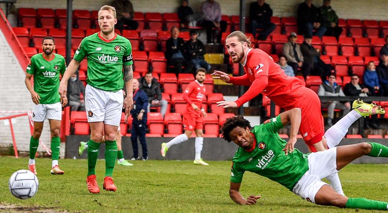 Tom Derry puts Welling ahead against Ebbsfleet on Saturday. Picture: Dave Budden