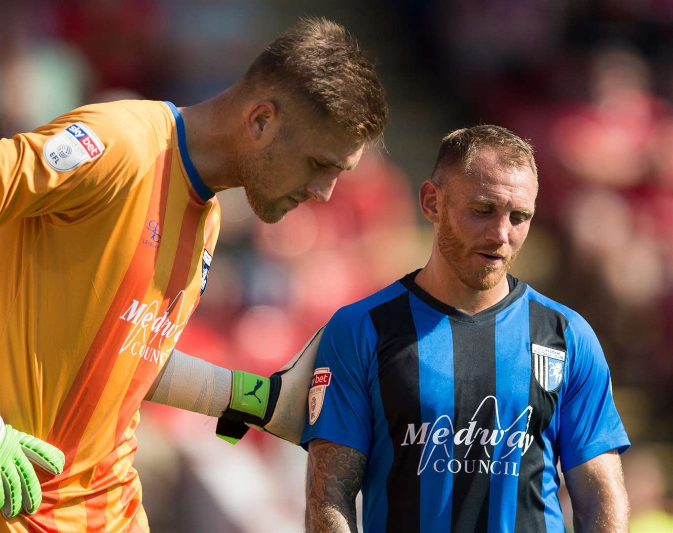 Barry Fuller, right, was in no mood to celebrate his man-of-the-match display against AFC Wimbledon Picture: Ady Kerry