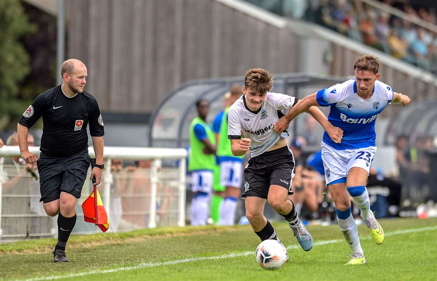 Dover try to hold off Gillingham’s Conor Masterson during last Saturday’s pre-season friendly at Crabble Picture: Stuart Brock