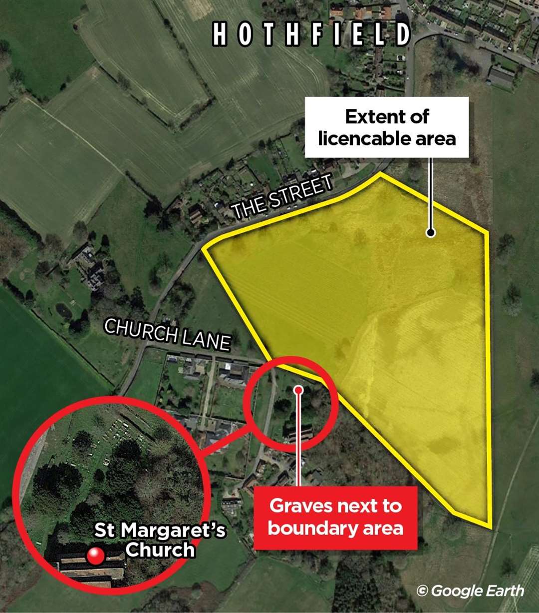 How close graves at St Margaret's Church, Hothfield, are to the Nine Oaks Vineyard