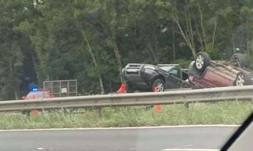 A car is on its roof following the incident