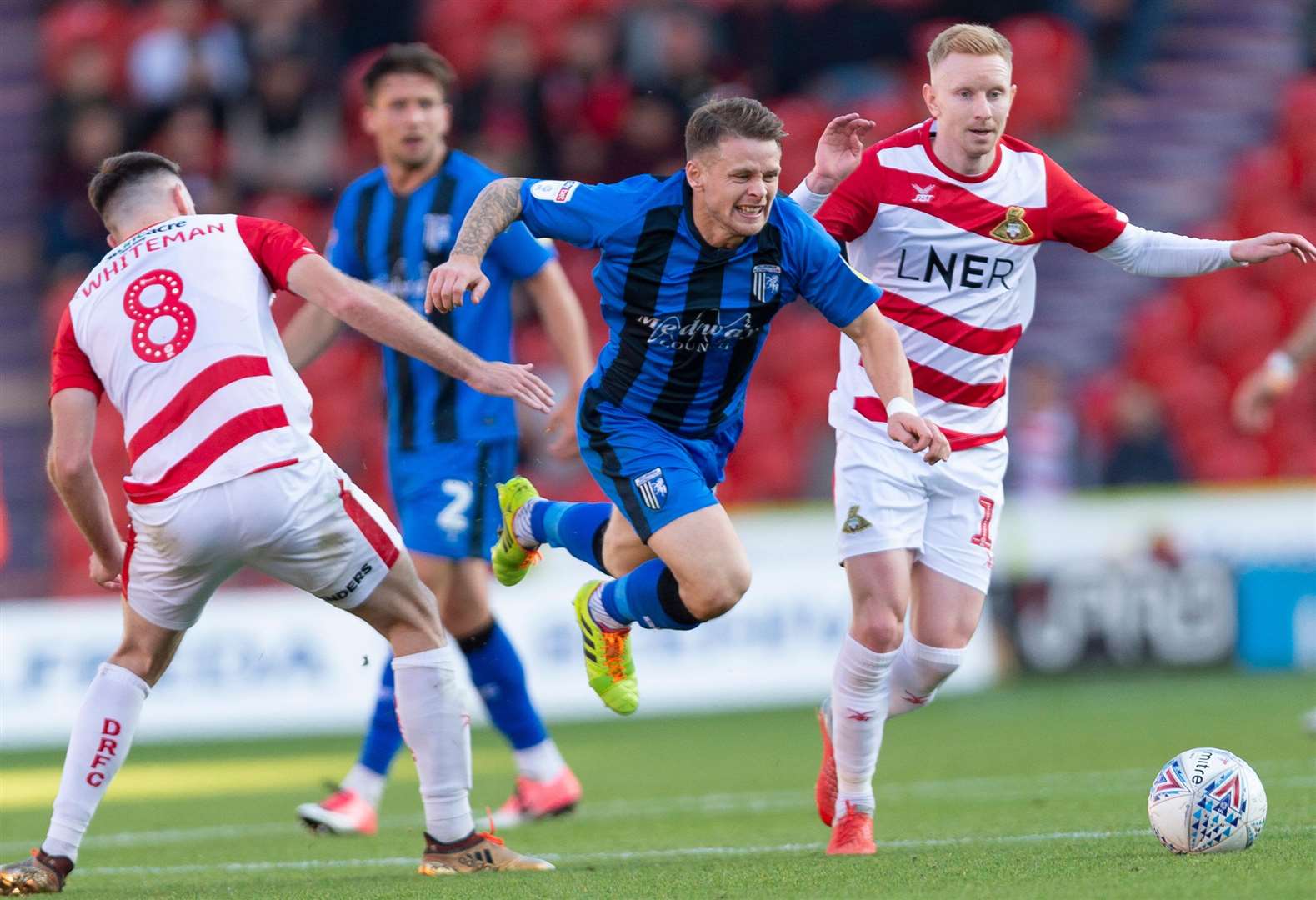 Mark Byrne looks to get past Doncaster's Ben Whiteman. Picture: Ady Kerry