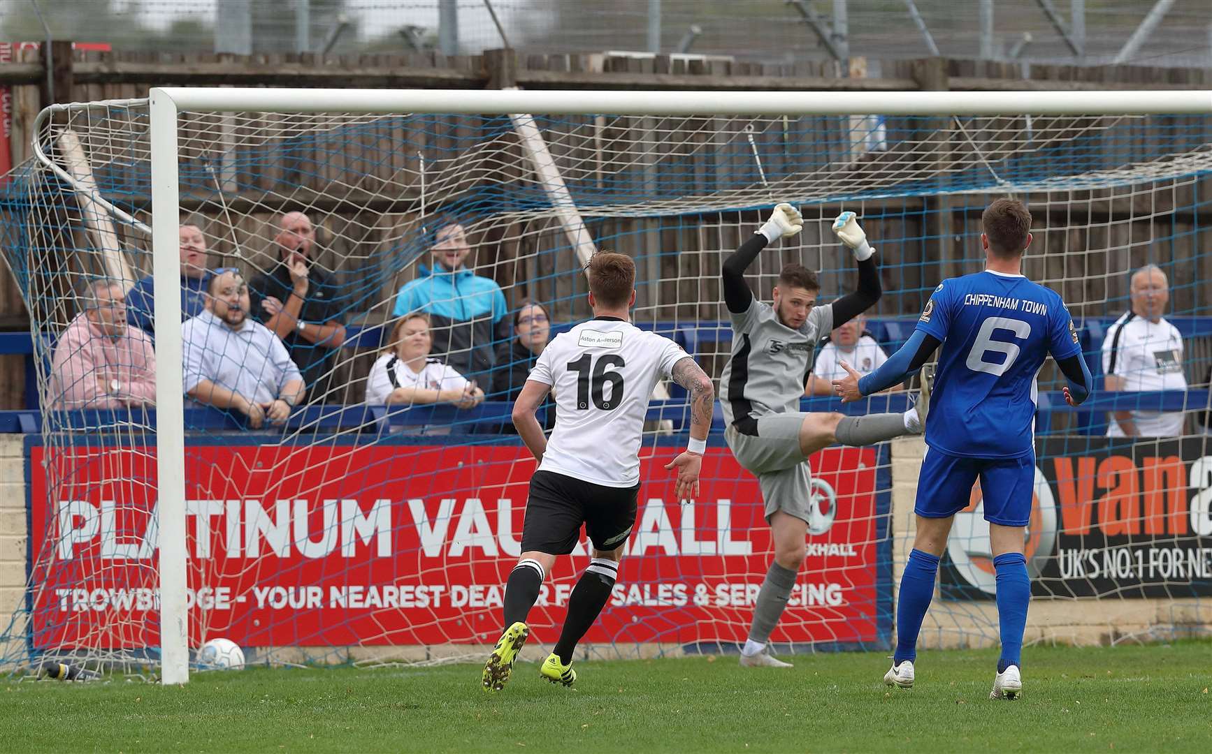 Elliot Bradbrook (16) watches as Chippenham keeper Brad House is caught out by Deren Ibrahim's long kick Picture: Richard Chappell